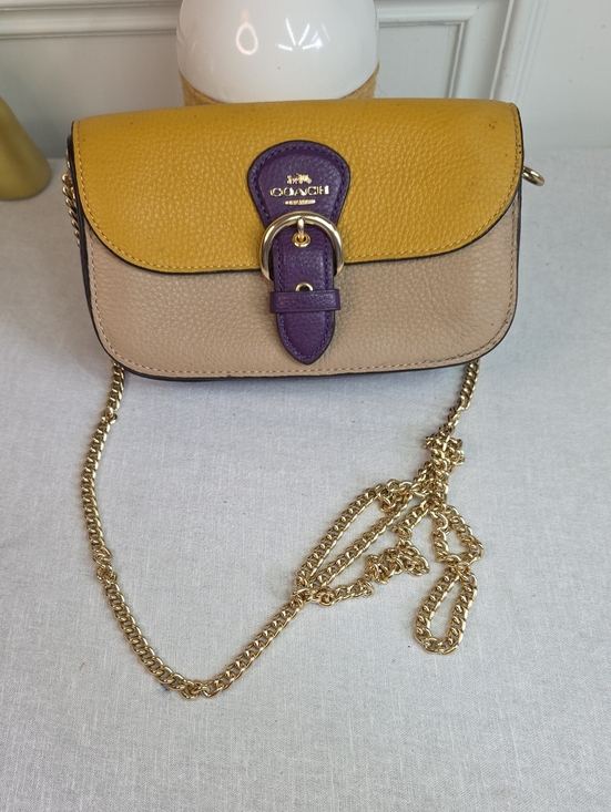 Coach Handbags - Coach Kleo Colorblock Pebbled Leather Crossbody in Yellow, Beige & Purple